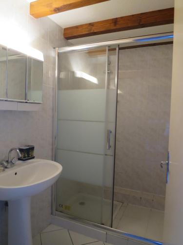 Un baño con ducha de cristal y lavabo. en Les Flots Bleus Etage, en Biscarrosse-Plage