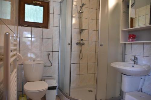 ein Bad mit einem WC, einer Dusche und einem Waschbecken in der Unterkunft Camping Baltic in Kołobrzeg