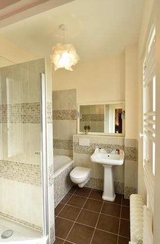 a bathroom with a sink and a toilet and a shower at Chateau le Quesnoy in Chevrières