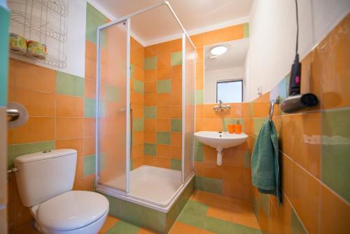 uma casa de banho com um chuveiro, um WC e um lavatório. em Privát Jonas em Štrba
