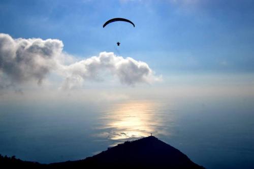 a bird flying in the sky over the ocean at Hotel Ristorante Borgo La Tana in Maratea