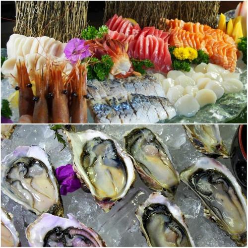 a collage of two pictures of oysters and sushi at Hotel Legend Boutique in Johor Bahru