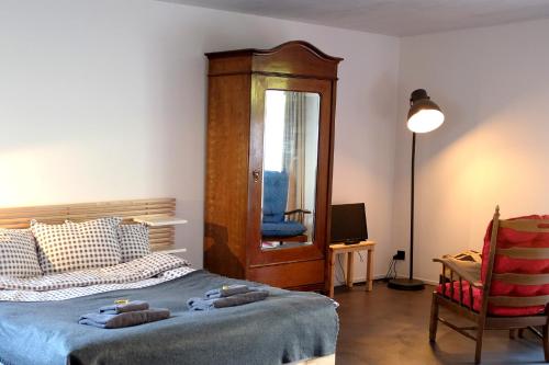 a bedroom with a bed and a mirror and a chair at Iglusaq Lodge in Veysonnaz