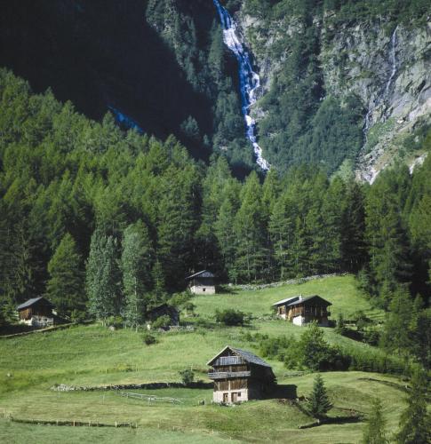 a group of houses in a field with a waterfall at Hotel Michela in Malè