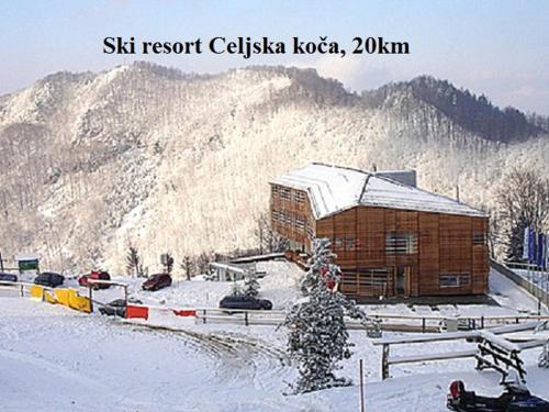 a wooden cabin in the snow in front of a mountain at Apartment Janja in Vojnik