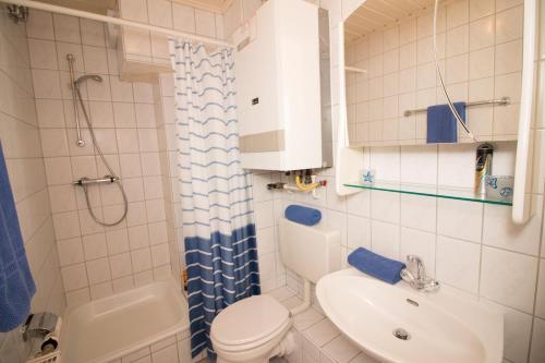 La salle de bains est pourvue de toilettes, d'un lavabo et d'une douche. dans l'établissement Wangeroogeweg 5a, à Schillig