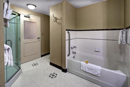 a bathroom with a tub and a glass shower at Carnegie Hotel & Spa in Johnson City