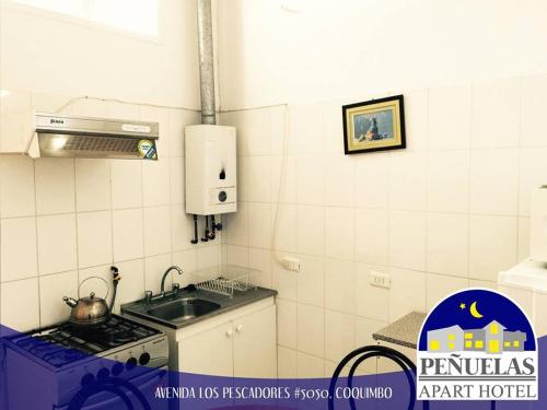 Apart Hotel Penuelas في كوكيمبو: مطبخ صغير مع موقد ومغسلة