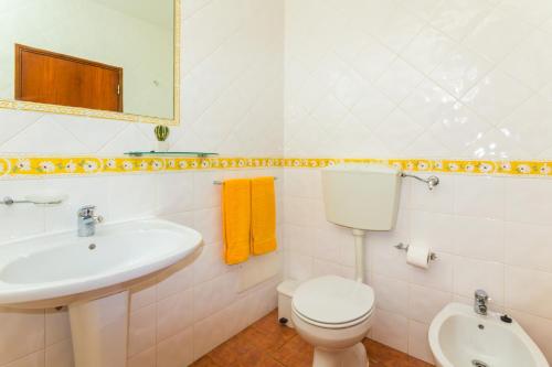 un bagno con lavandino, WC e specchio di Apartamentos Arcada a Quarteira