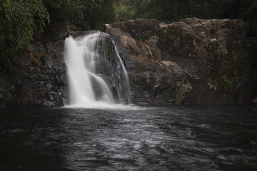 a waterfall in the middle of a body of water at Sinharaja Hostel in Deniyaya