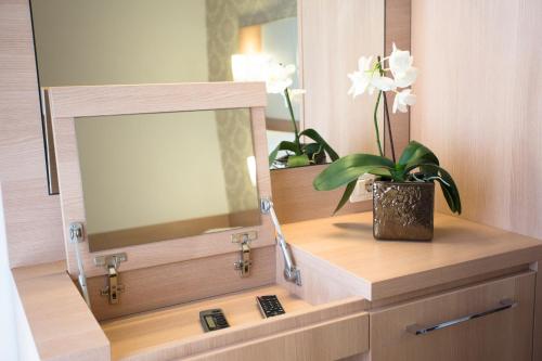 lustro i roślina doniczkowa na komodzie w łazience w obiekcie Michelangelo Cesenatico w Cesenatico