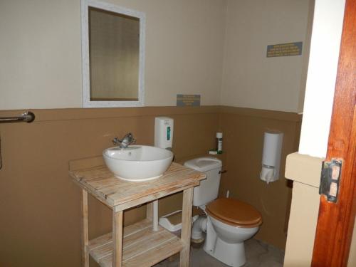 La salle de bains est pourvue d'un lavabo et de toilettes. dans l'établissement Thobolo's Bush Lodge, à Kachikau