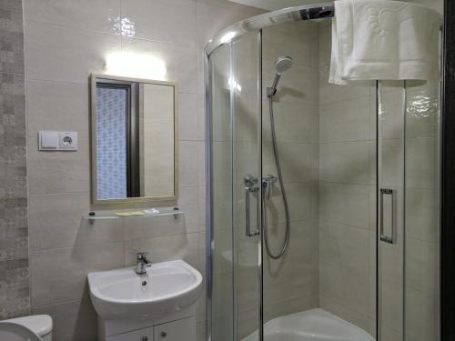 a bathroom with a shower and a sink at Art Hotel Palma in Lviv