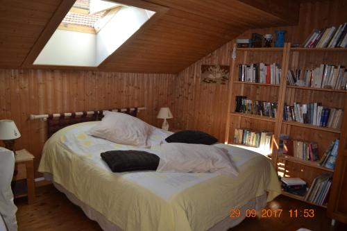 トーヌにあるChambre d'hôtes "LE MOULIN"の本棚付きの部屋のベッド1台が備わるベッドルーム1室