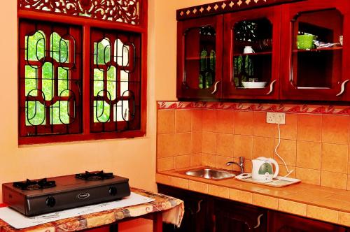 a kitchen with a stove and a sink with stained glass at Nethmi Villa in Bentota