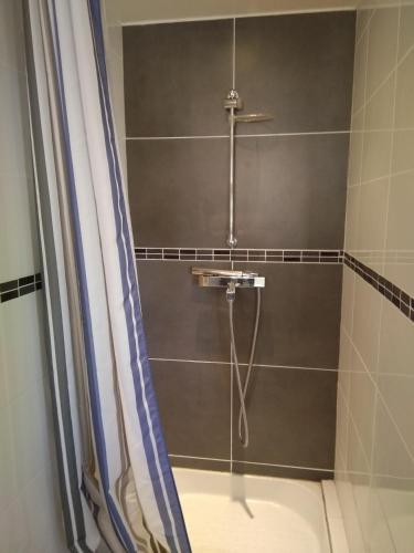 une douche avec un rideau de douche dans une salle de bain dans l'établissement Studio avec piscine à 2 pas de la plage, à La Grande Motte