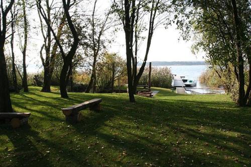 a park with benches in the grass near the water at Dom Wypoczynkowy "Pod Strzechą" w Giewartowie in Giewartów