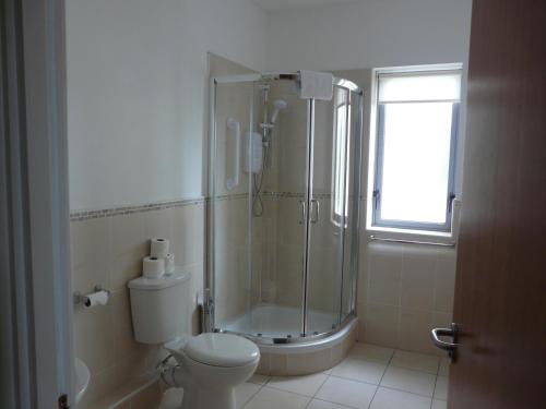 a bathroom with a shower and a toilet at The Courtyard Apartments in Carrick on Shannon
