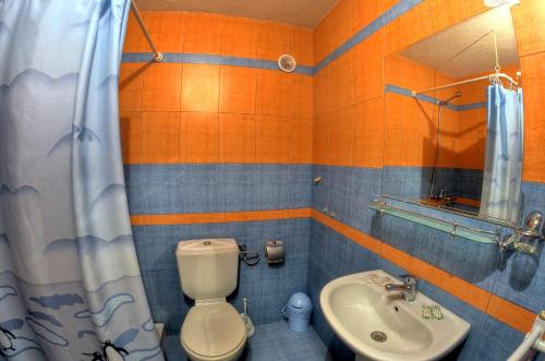 a bathroom with a toilet and a sink at Plaza Family Hotel in Smolyan