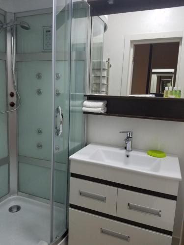 a bathroom with a sink and a shower at Churchill-Inn in Vinnytsya
