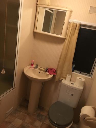 a small bathroom with a sink and a toilet at 4 bedroom caravan ingoldmells skegness in Ingoldmells