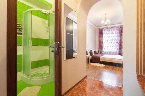 リヴィウにあるNear Opera Apartmentのバスルーム(ガラス張りのシャワー付)が備わります。