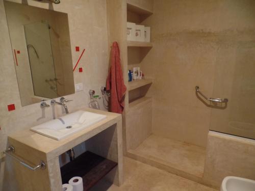 uma casa de banho com um lavatório e um chuveiro em Las Acacias em Plottier