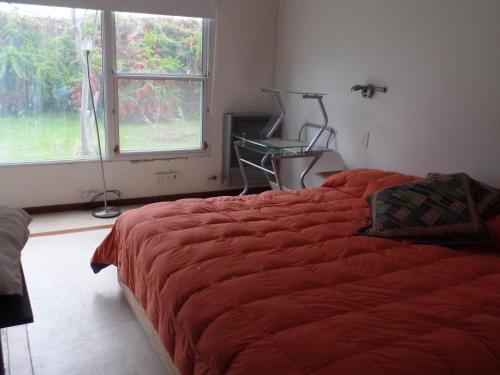 - une chambre avec un lit doté d'une couette rouge et d'une fenêtre dans l'établissement Las Acacias, à Plottier