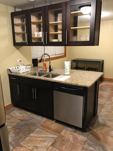 a kitchen with black cabinets and a sink at Farwell dream in Chicago