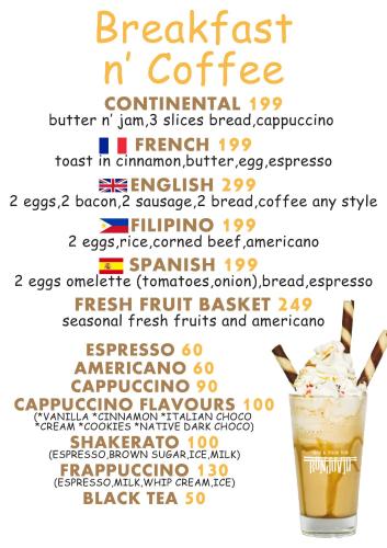 a drink with a list of different types of coffee at BLU MA RE GUESTHOUSE - Sugar Beach in Sipalay