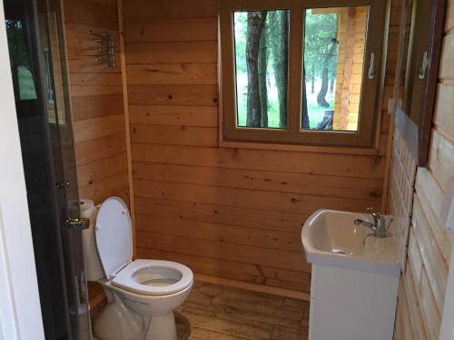 a bathroom with a toilet and a sink at Camping Szczecinek Domy Wypoczynkowe in Szczecinek