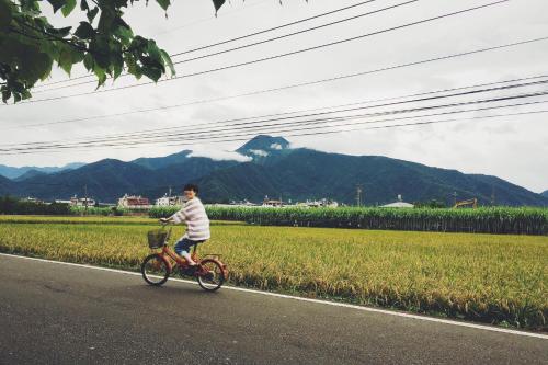 a young boy riding a bike down a road at Puli Islet Inn in Puli