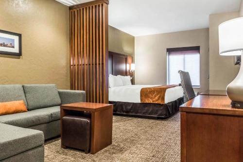 a hotel room with a bed and a couch at Comfort Suites Florence - Cincinnati South in Florence