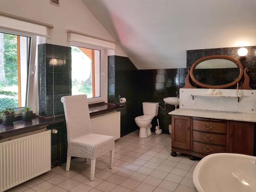 uma casa de banho com um lavatório, um WC e um espelho. em Villa Retro em Karpacz