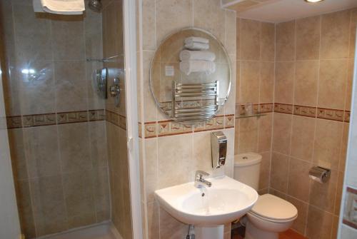 a bathroom with a sink and a toilet and a shower at Tudor Lodge in Porthmadog