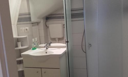a small bathroom with a sink and a shower at Apartments Aleksandra in Crikvenica