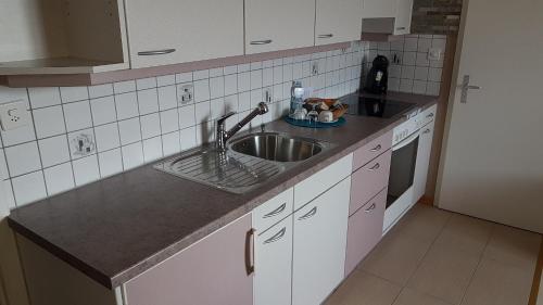 a kitchen with a sink and a counter top at Gasthof Schlossberg in Signau