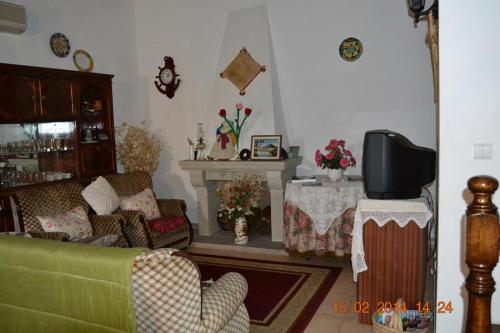 a living room with a green couch and a fireplace at Casa da Maria in Monsanto