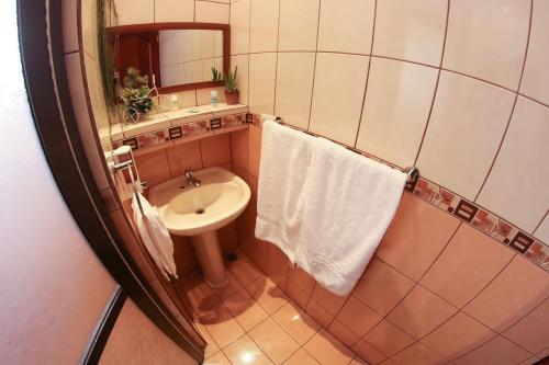 Baño pequeño con lavabo y espejo en Casa la Fortuna 1, en Fortuna