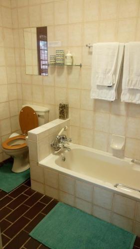 a bathroom with a tub and a toilet and towels at Secret Sithela in Port Edward