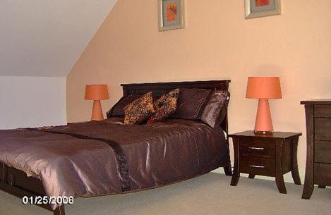 a bedroom with a bed with two lamps and two tables at Letterfrack Farm Lodge house in Letterfrack village Connemara in Letterfrack