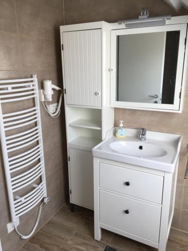 La salle de bains est pourvue d'un lavabo blanc et d'un miroir. dans l'établissement Apartments Avio, à Zgornji Brnjik