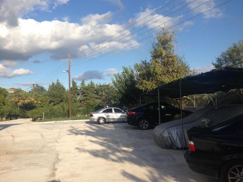 two cars parked in a parking lot with a skateboard at Paleo Kalamaki in Isthmia