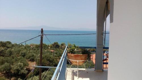 a balcony with a plant in a basket on the ocean at Villa Teo in Kalamata