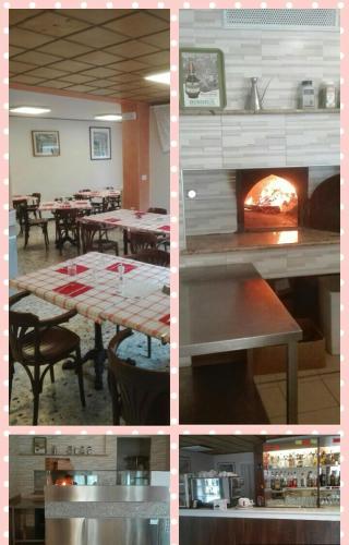 a collage of four pictures of a restaurant with a fireplace at Affittacamere la Genzianella in Vinadio