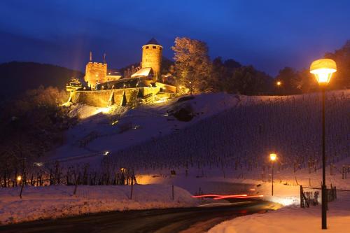 a castle on a hill in the snow at night at Hotel Garni Pölzl in Deutschlandsberg
