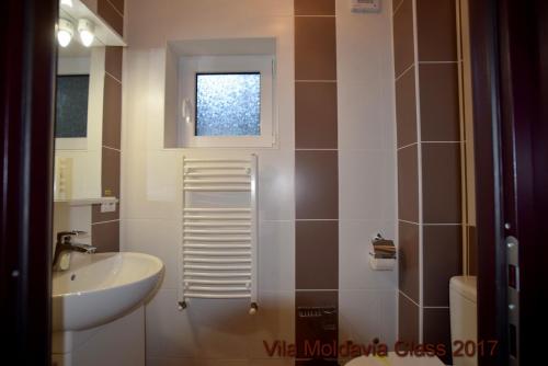 a small bathroom with a sink and a toilet at Vila Moldavia Class in Slănic-Moldova