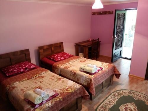 two beds in a room with pink walls at Guest House Panda in Kutaisi