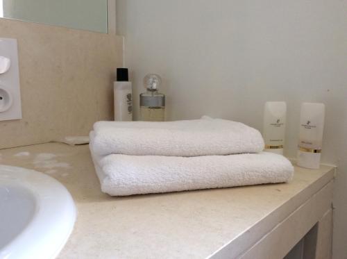 a bathroom with two white towels on a counter at Gîte Des Vergnes in Esse