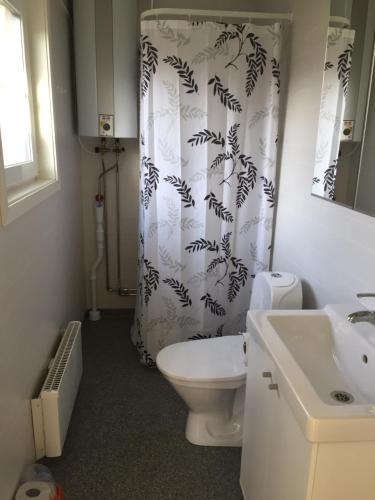 a bathroom with a toilet and a shower curtain at Hallagårdens stugby in Varberg